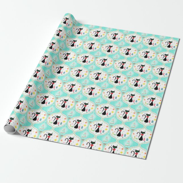 Papel De Presente Padrão Ogee de Gato Siames do Natal Retro (Desenrolado)