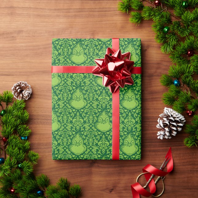 Papel De Presente Padrão Ornado do Grinch Verde (Presente de Natal)