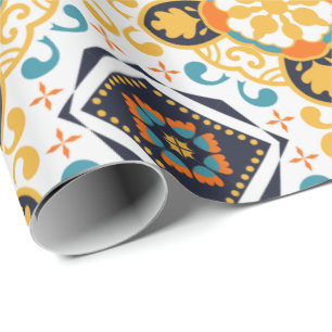 Papel De Presente Padrão ornamentado com geométrico amarelo e azul