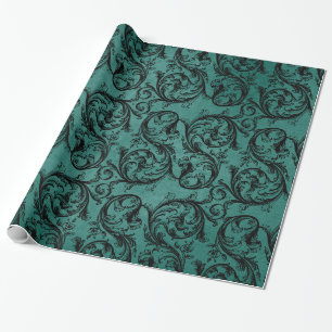 Papel De Presente Padrão Ornamental Vintage Preto e Azul Turquesa
