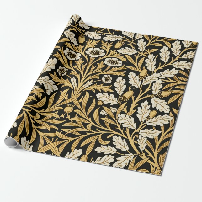Papel De Presente Padrão Ouro Preto Vintage William Morris Carvalho (Desenrolado)