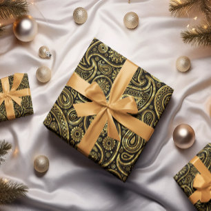 Papel De Presente Padrão paisley de tom Dourado e preto