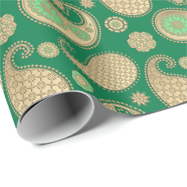 Papel De Presente Padrão Paisley, Dourado suave no Emerald Green (Ponta do rolo)