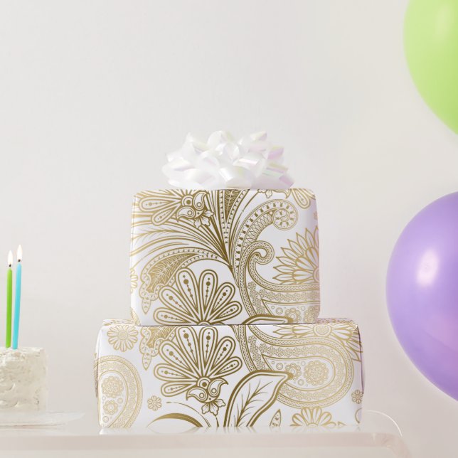 Papel De Presente Padrão paisley floral elegan vintage Dourado e bra (Presentes para festas)
