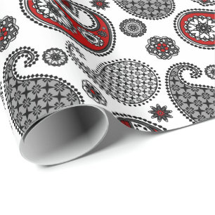 Papel De Presente padrão Paisley, preto, branco e vermelho
