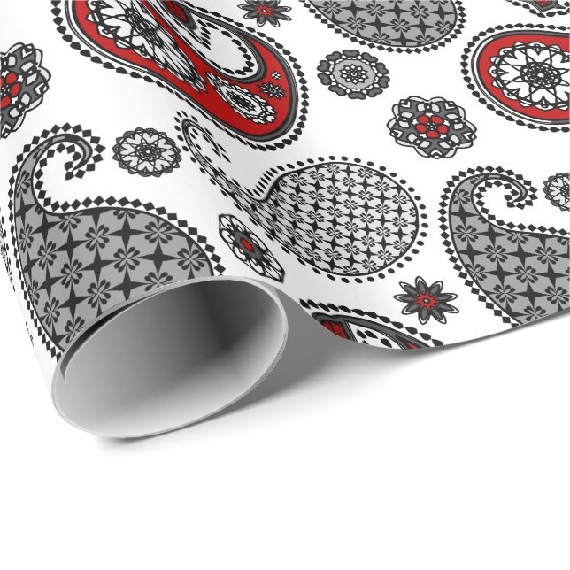 Papel De Presente padrão Paisley, preto, branco e vermelho (Ponta do rolo)
