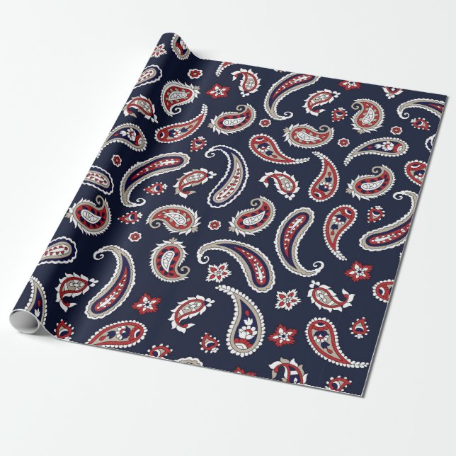 Papel De Presente Padrão paisley tradicional indiano no marinho (Desenrolado)
