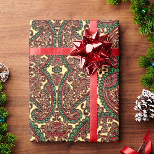 Papel De Presente padrão paisley vitoriano elegante vermelho verde d (Criador carregado)