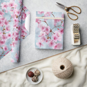 Papel De Presente Padrão Pastel de Rosa Azul Cereja em Aquarela de P