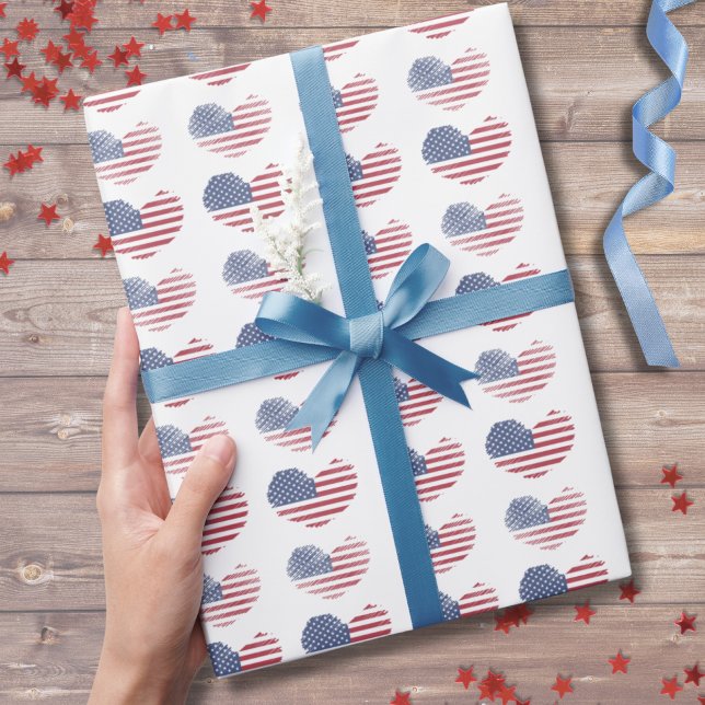 Papel De Presente Padrão Patriótico do Bandeira Americano (Cute Patriotic American Flag Rustic Heart Pattern Wrapping Paper)