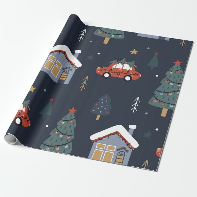 Papel De Presente Padrão perfeito de Natal com árvore de natal, carr (Desenrolado)
