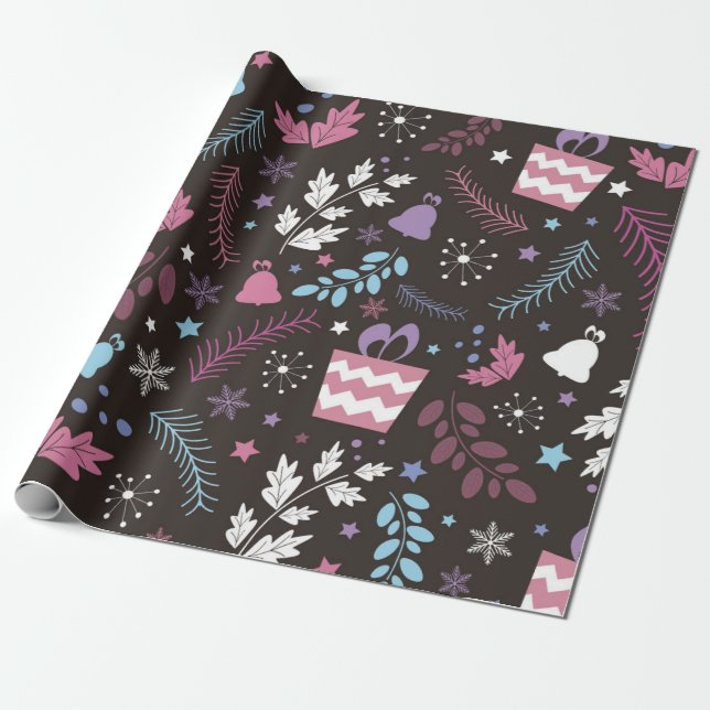 Papel De Presente Padrão perfeito de Natal com árvore, neve, present (Desenrolado)