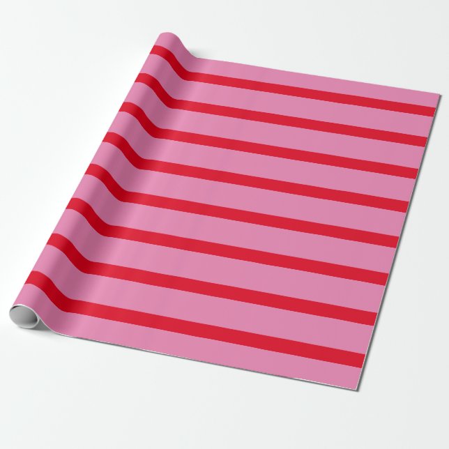 Papel De Presente Padrão Preppy Pink e Bright Red Stripes (Desenrolado)