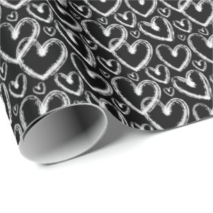 Papel De Presente Padrão Preto Branco do Coração de Pincel Moderno