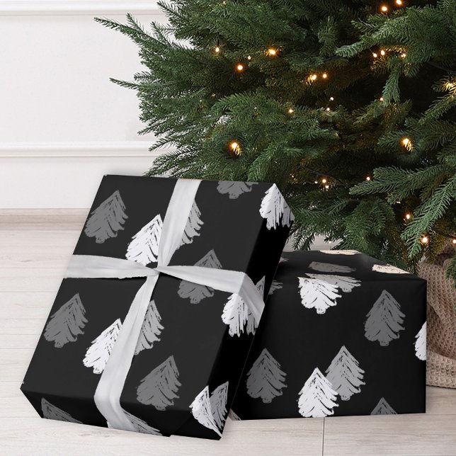 Papel De Presente Padrão Preto de Árvore de Natal Branco (Criador carregado)