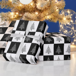Papel De Presente Padrão Preto de Árvore de Natal Branco