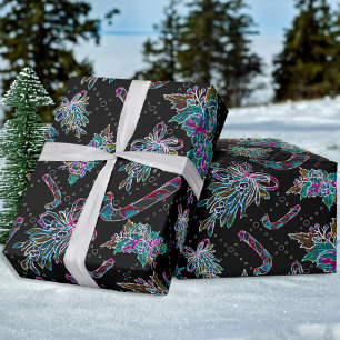 Papel De Presente Padrão Preto de Canas de Ninho de Natal Neon