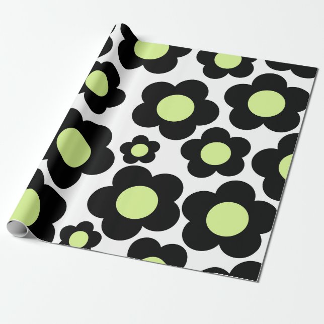 Papel De Presente Padrão Preto de Flor de Hippie Verde Neon (Desenrolado)