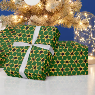 Papel De Presente Padrão Preto, Dourado E Estrela Verde