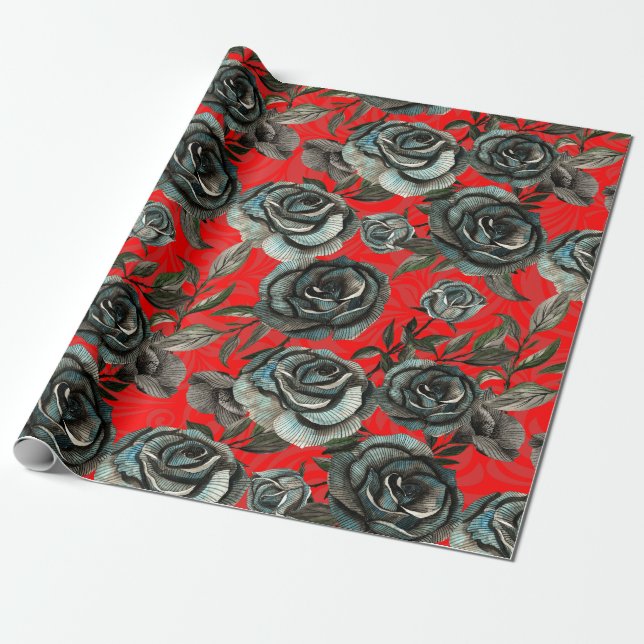 Papel De Presente Padrão preto e rosa vermelha (Desenrolado)
