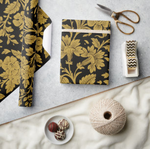 Papel De Presente Padrão Preto Floral Ouro Antigo Trabalho a Lacagem