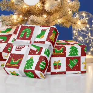 Papel De Presente Padrão Quadrado Vermelho e Verde de Natal Fofo