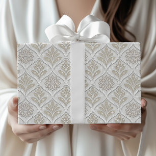 Papel De Presente Padrão Quatrefoil Bege e Branco Brilhante