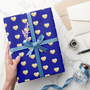 Papel De Presente Padrão Real Azul e Corações Dourados
