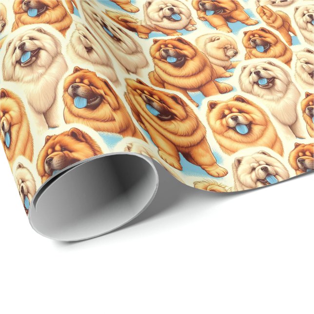 Papel De Presente Padrão Retro Chow-Chow Sem Vista (Ponta do rolo)