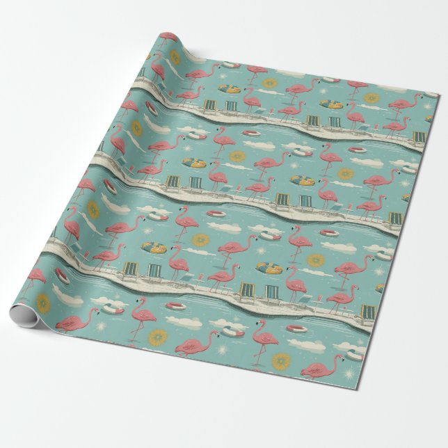 Papel De Presente Padrão Retro de Flamingo à Beira da Piscina de Ver (Desenrolado)