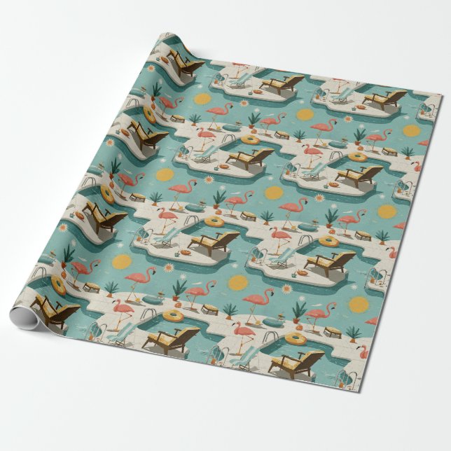 Papel De Presente Padrão Retro de Flamingo à Beira da Piscina de Ver (Desenrolado)