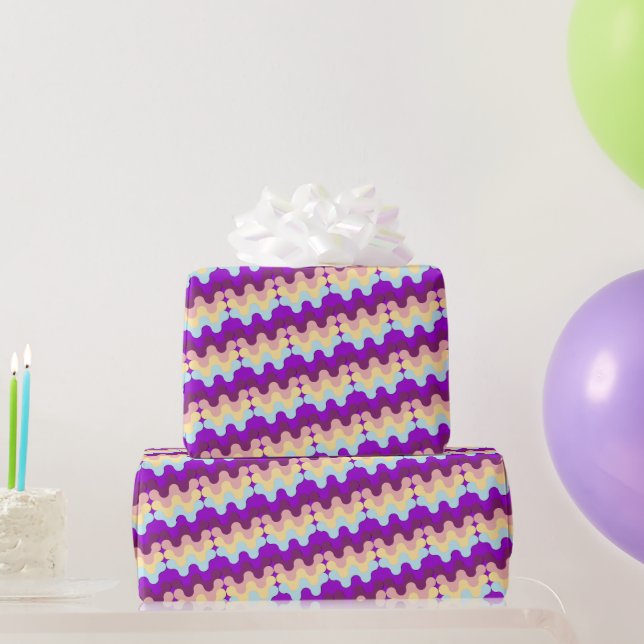 Papel De Presente Padrão Retro Groovy Ondulado Roxo e Amarelo (Presentes para festas)