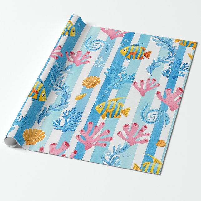 Papel De Presente Padrão Retro Náutico de Aquarela (11) (Desenrolado)