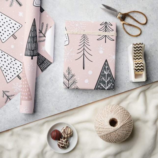 Papel De Presente padrão rosa das árvores de férias brancas modernas (Artesanato)
