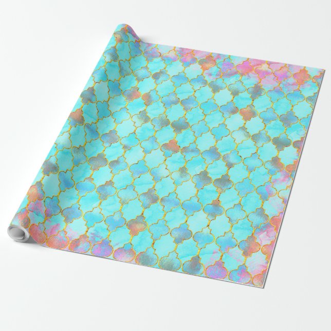 Papel De Presente Padrão rosa e marocquino aquático (Desenrolado)