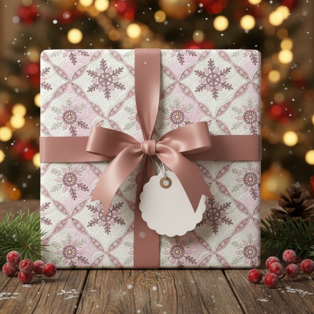 Papel De Presente Padrão Rosa Floco de Neve Inverno (Criador carregado)