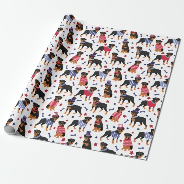 Papel De Presente Padrão Rottweiler Patriótico (Desenrolado)