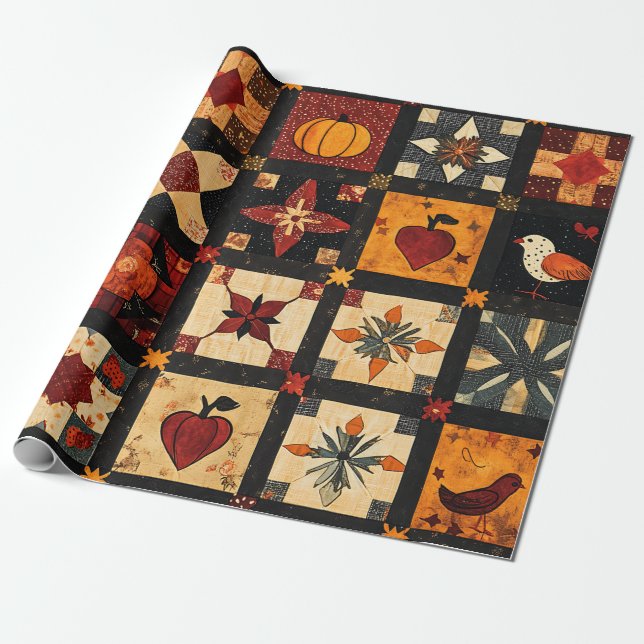 Papel De Presente Padrão Rustic Autumn Patchwork Quilt | Farmhouse (Desenrolado)
