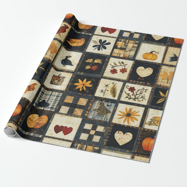 Papel De Presente Padrão Rustic Autumn Quilt | Patchwork de fazenda (Desenrolado)