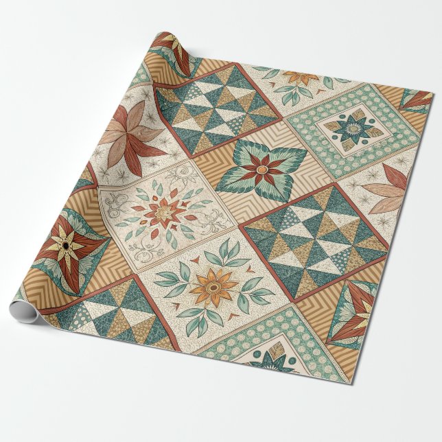 Papel De Presente Padrão Rustic Diamond Patchwork - Geométrico (Desenrolado)