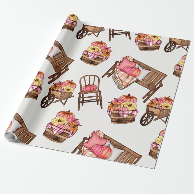Papel De Presente Padrão Rustic Pumpkin Rosa (Desenrolado)