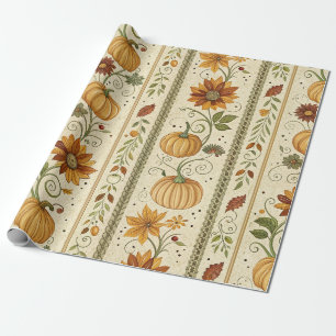 Papel De Presente Padrão Rústico de Abóbora e Folhagem de Outono (5)