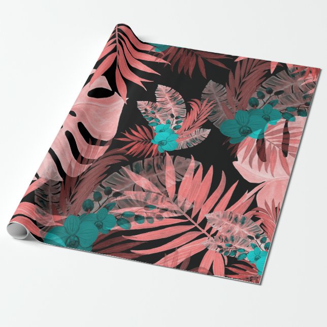 Papel De Presente Padrão sem costura aquarela com plantas tropicais (Desenrolado)
