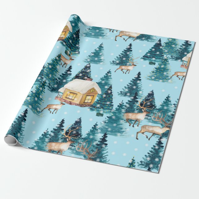 Papel De Presente Padrão sem costura com a vila de inverno na flores (Desenrolado)