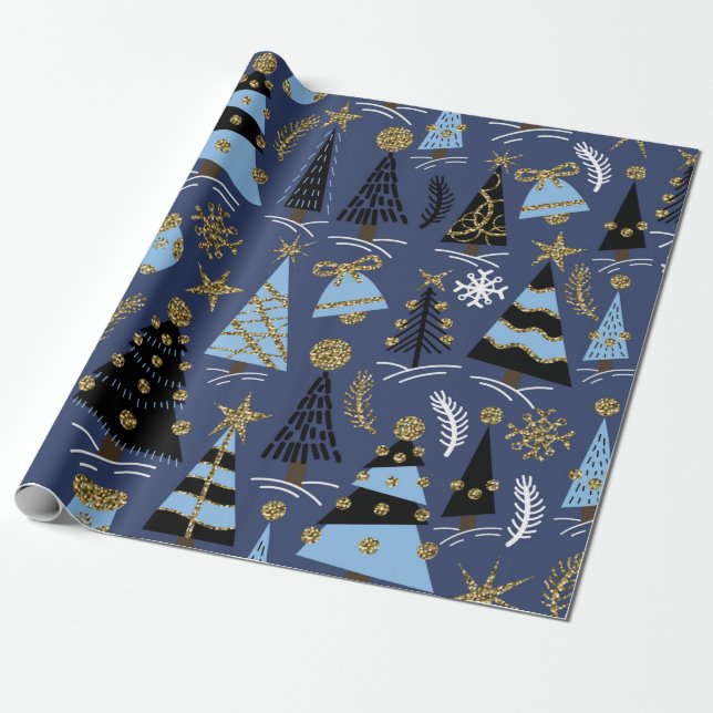 Papel De Presente Padrão sem costura com árvores de relva de Natal,  (Desenrolado)