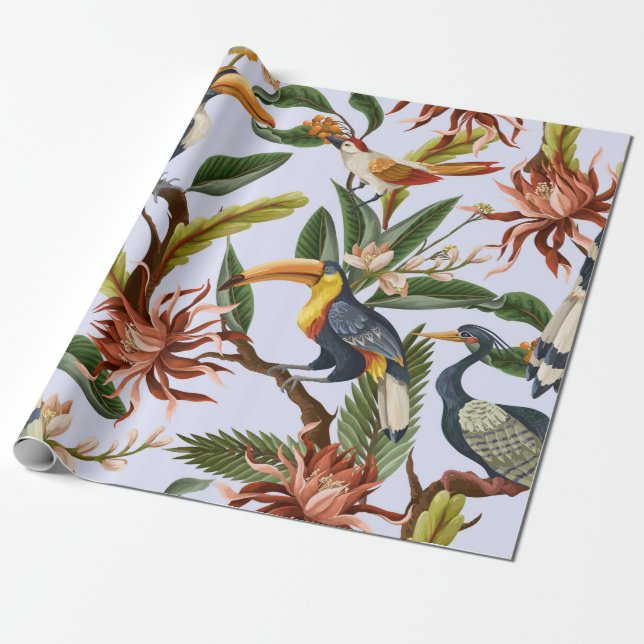 Papel De Presente Padrão sem costura com aves e folhas tropicais e (Desenrolado)