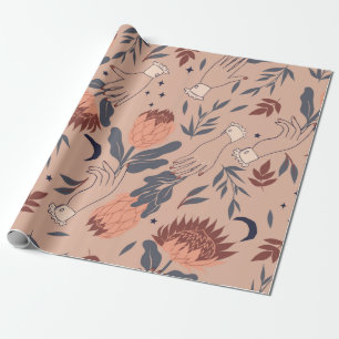 Papel De Presente Padrão sem costura com aves, flores de proteína