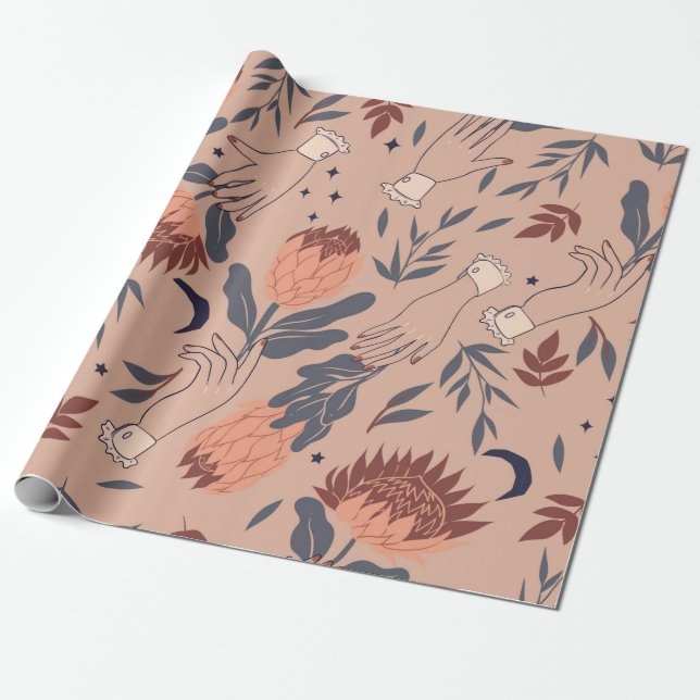 Papel De Presente Padrão sem costura com aves, flores de proteína e  (Desenrolado)