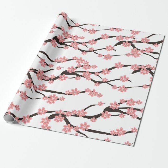Papel De Presente Padrão sem costura com cereja florescente em um br (Desenrolado)