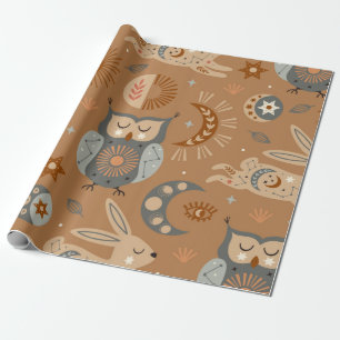 Papel De Presente padrão sem costura com coruja e lebre celestial